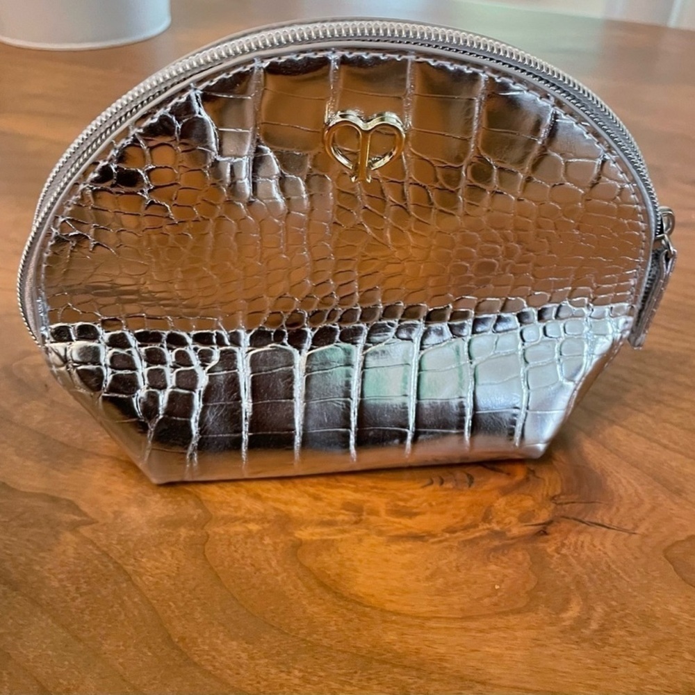 Clé de Peau Beauté Silver Croc-Embossed Cosmetic Pouch Makeup Bag Luxe